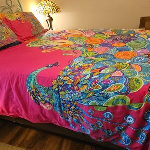 Stunning Boho Reversible Peacock/Floral Duvet Cover + Shams (2)
